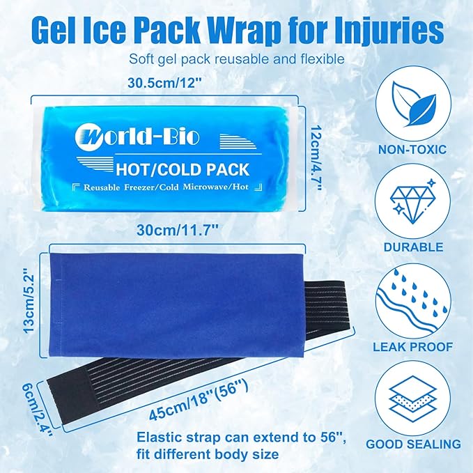 Soft Gel Ice Pack for Injuries Reusable, Flexible Hot Cold Pack for Neck Head Shoulder Knee Ankle Wrist Elbow, Medical Cold Pack for First Aid, Migraines (12'' X 4.7''- 1 Ice Pack & Wrap)