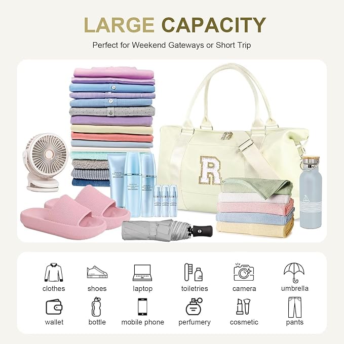 Dance Gym Duffel Bag for Teen Girls, Personalized Initial Travel Weekender Bag,Cute Overnight Carry On Duffle for Women,Sports Travel Cheer Bag,Monogram Christmas Gifts for Tween Preppy(beige-R)