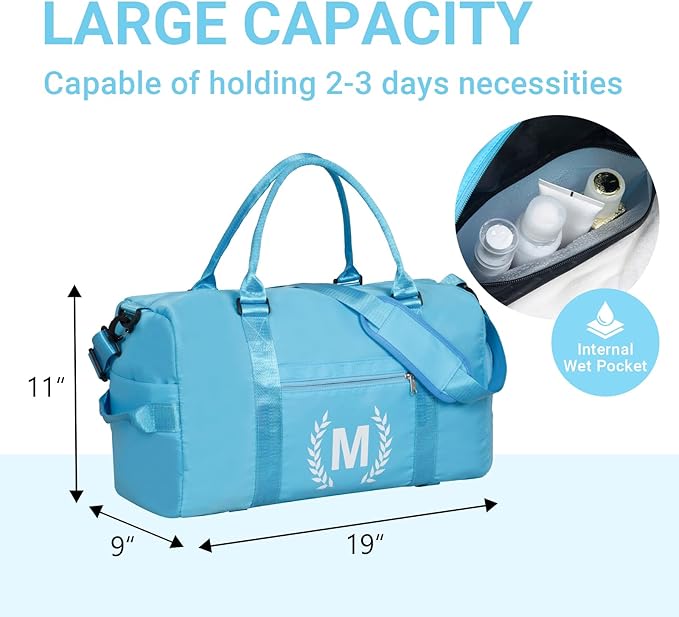 Gym Bag for Women, Personalized Duffle Bag with Shoe Compartment, Sports Bag for Yoga & Dance with Wet Pocket and Mat Strap(AquaBlue,C)