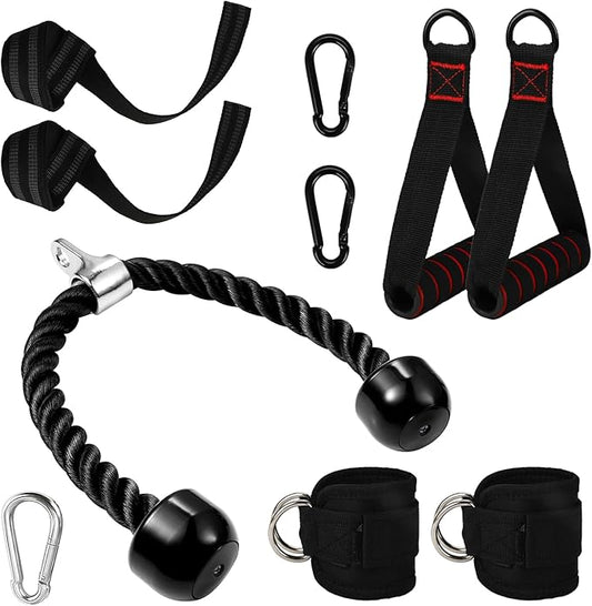 Cable Machine Attachment Set - Ankle Straps for Cable Machines, Tricep Rope, Gym Exercise Handles, Lifting Wrist Straps, Cable Kick Back Ankle Strap, Lat Pulldown Attachments, Gym Accessories
