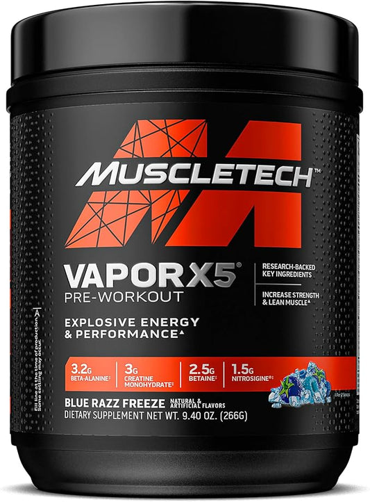 MuscleTech Pre-Workout Powder, Vapor X5 - Sports Nutrition Muscle Building Supplements for Women & Men - Intense Muscle Pump Energy Powder Drink Mix - Blue Razz Freeze, 266g (30 Servings)