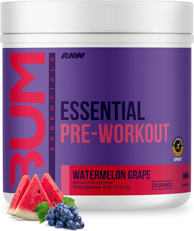 RAW Essential Pre-Workout Powder (Watermelon Grape) - Chris Bumstead Sports Nutrition Supplement for Men & Women - Preworkout Energy Powder with Caffeine, L-Citrulline, L-Tyrosine & Beta Alanine Blend