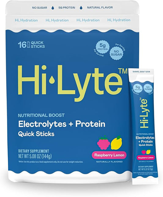 Hi-Lyte Electrolytes + Protein Quick Sticks Raspberry Lemon, 16 Servings - Sodium, Potassium, Whey Protein - Keto Friendly - 5g Protein, No Sugar