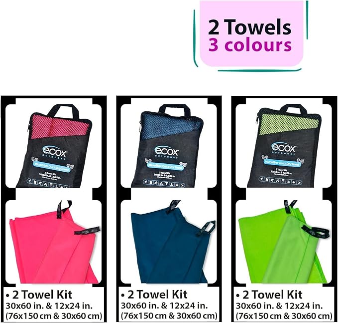 ecox Outdoors Microfiber Towel Fast Drying Soft Feel Fast Action Drying for Gym Beach Outdoors Travel Yoga Camping Compact Size 2 Piece Set 30x60 in and 12x24 in Red MFT2PRD