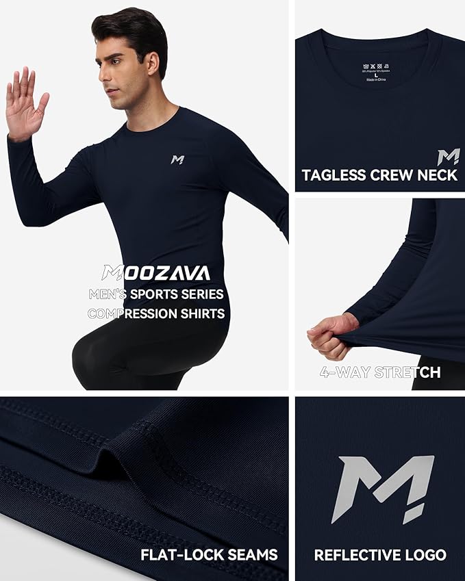 Mens Compression Shirt Long Sleeve Quick Dry Athletic Workout Gym T-Shirt SPF Running Top Sport Undershirt Base Layer