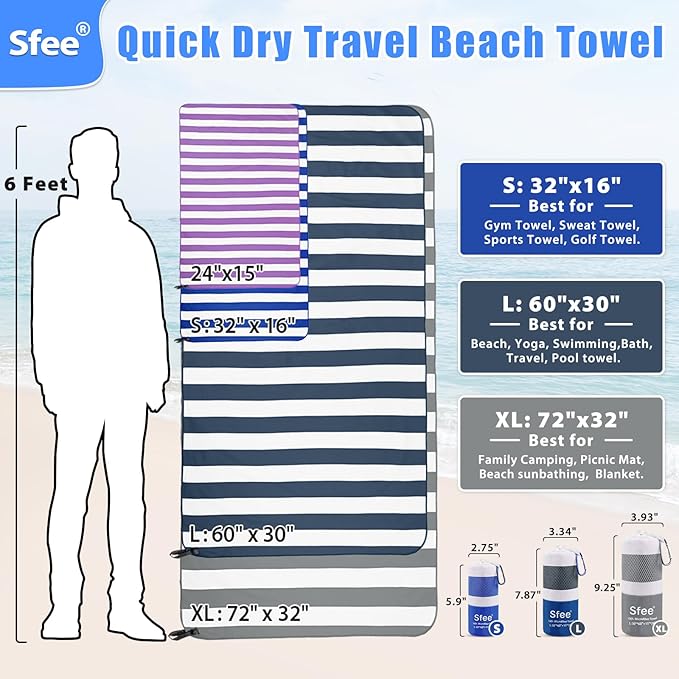 Sfee 2 in 1 Microfiber Beach Towel, Quick Dry Towel Camping Travel Towel Super Absorbent Compact Lightweight Sports Towel Gym Towels Set for Beach, Gym, Hiking, Pool, Backpacking, Bath, Yoga