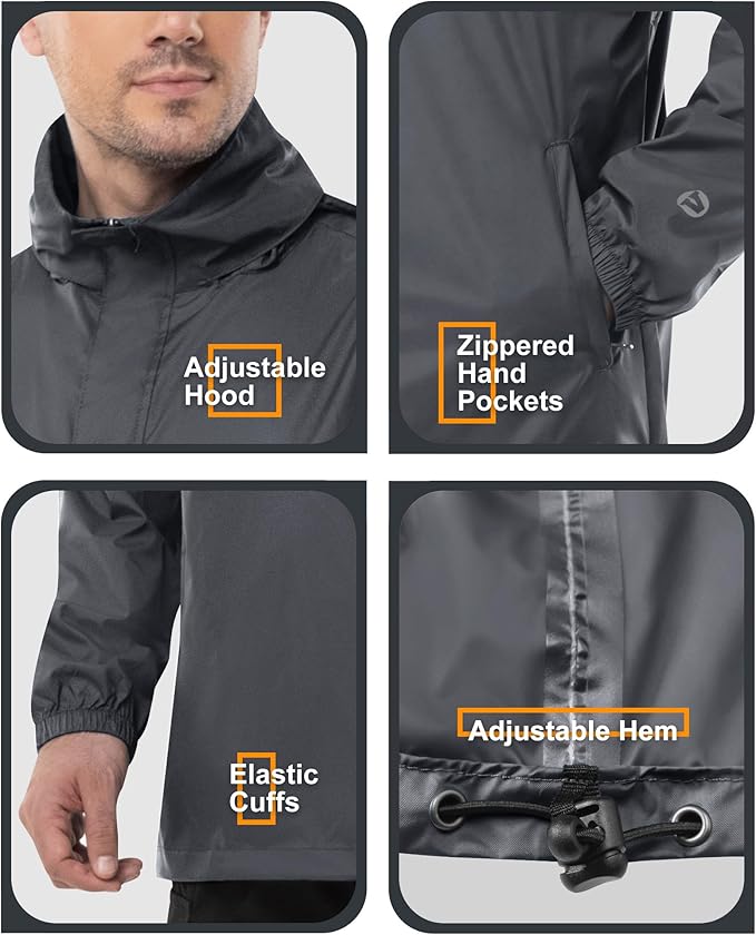 Outdoor Ventures Men's Rain Jacket Waterproof Lightweight Packable Rain Pullover for Hiking Golf Running
