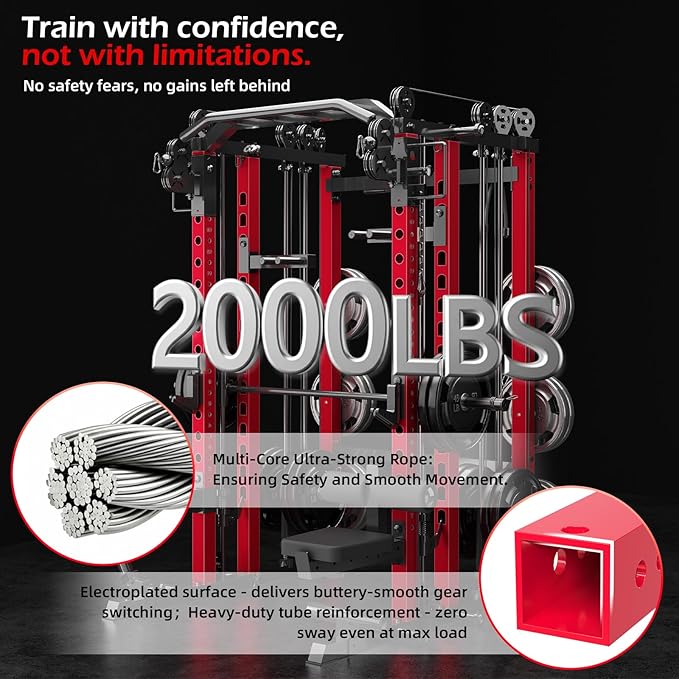 Power Squat Rack Cage Home Gym, 2000lbs All in One Dual Cable Crossover Machine with LAT Pulldown Strength Training Power Cages with Pulley Workout System, Garage Bench Press