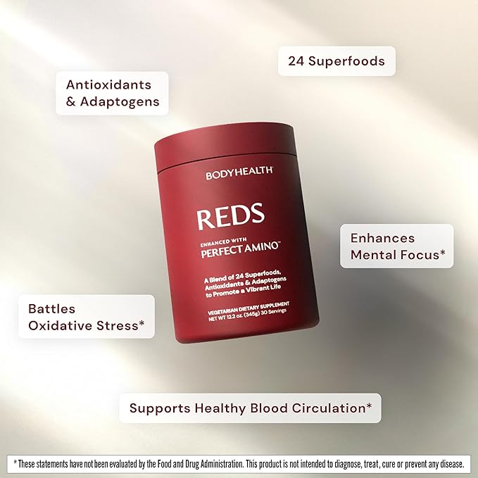 BodyHealth Reds Enhanced with PerfectAmino - Daily Superfood Smoothie Powder with Antioxidants, Adaptogens, Phytonutrients, Fruit, Prebiotics, Probiotics, Fiber, and Protein - 30 Servings