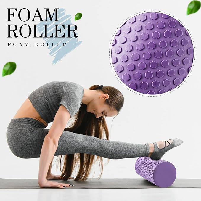 6Pcs Foam Roller Set Includes Peanut Massage Ball, Back Roller, Massage Roller Stick, 2Foot Stretching Strap, and Fasciitis Ball for Exercise Physical Body Therapy Yoga Massager (Purple)