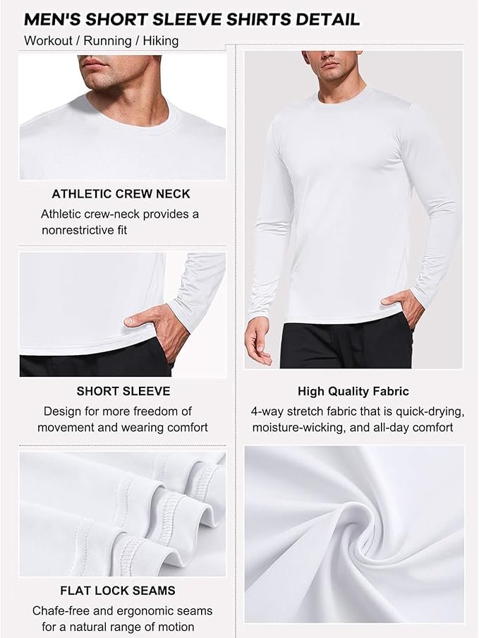 Men's 1, 3 or 5 Pack Performance Long Sleeve T-Shirts, UPF 50+ Sun Protection Shirts, Athletic Gym Workout Shirts for Running