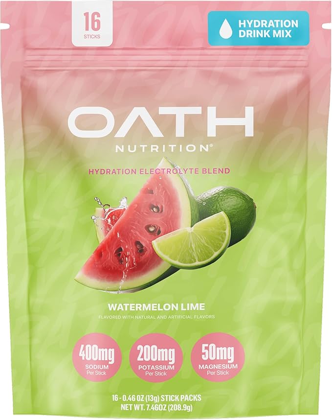Oath Nutrition Hydration Electrolyte Powder, Complete Electrolyte Blend for Rapid Hydration and Muscle Support, 16 Single-Serve Packets, Watermelon Lime