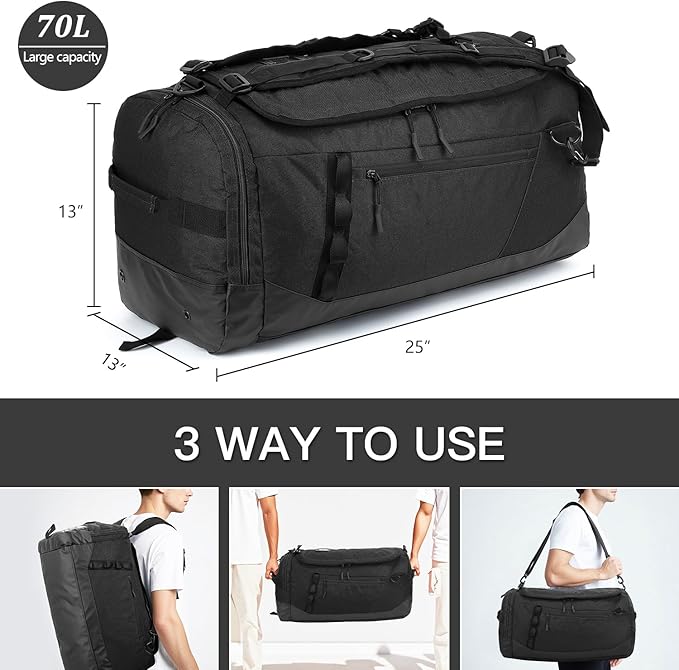 Large Travel Duffle Bag Backpack for Men Women 70L Big Sports Gym Bag with Shoe Compartment Heavy Duty Duffel Bags with Padded Straps for Weekend Overnight Camping, Black