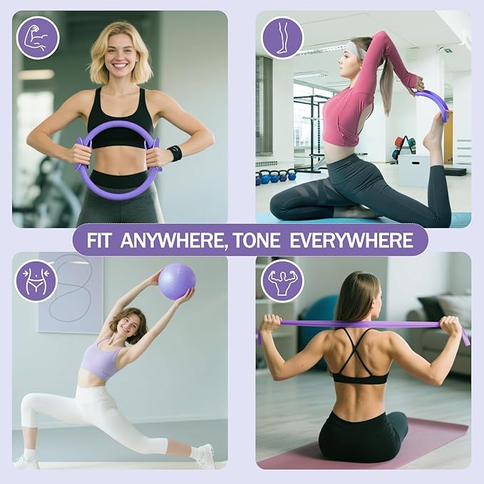 Home Pilates Essentials Kit for Women Pink Ring and Ball Pilates Set Equipment, Magic Circle with 5 Resistance Bands Premium Accessories Kits for Starter Toning Workouts at Home