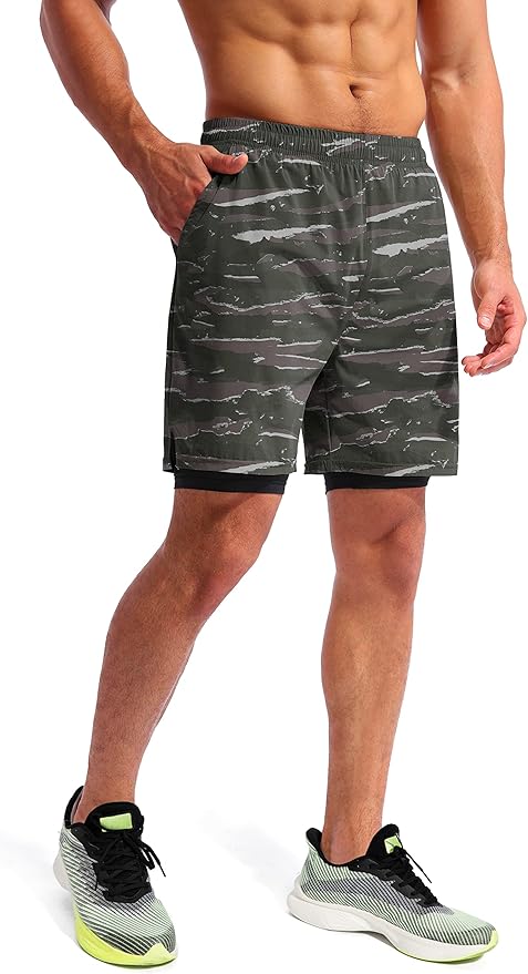 Pudolla Men’s 2 in 1 Running Shorts 5" Quick Dry Gym Athletic Workout Shorts for Men with Phone Pockets