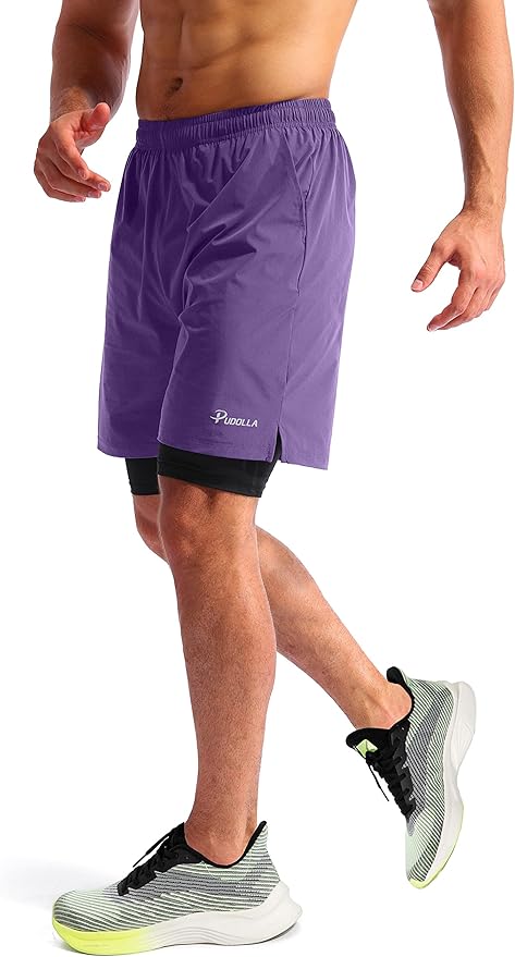 Pudolla Men’s 2 in 1 Running Shorts 5" Quick Dry Gym Athletic Workout Shorts for Men with Phone Pockets