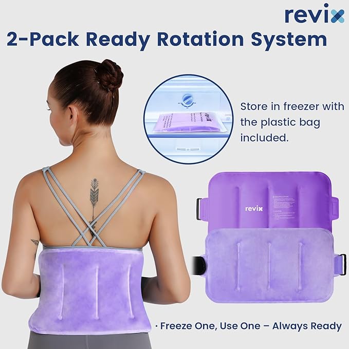 REVIX 2-Pack Large Cold Packs for Back, Rotator Cuff, Hip, Knee, and Shin, Versatile Cold Compress with Soft Plush Lining and Strap, 16" × 9"