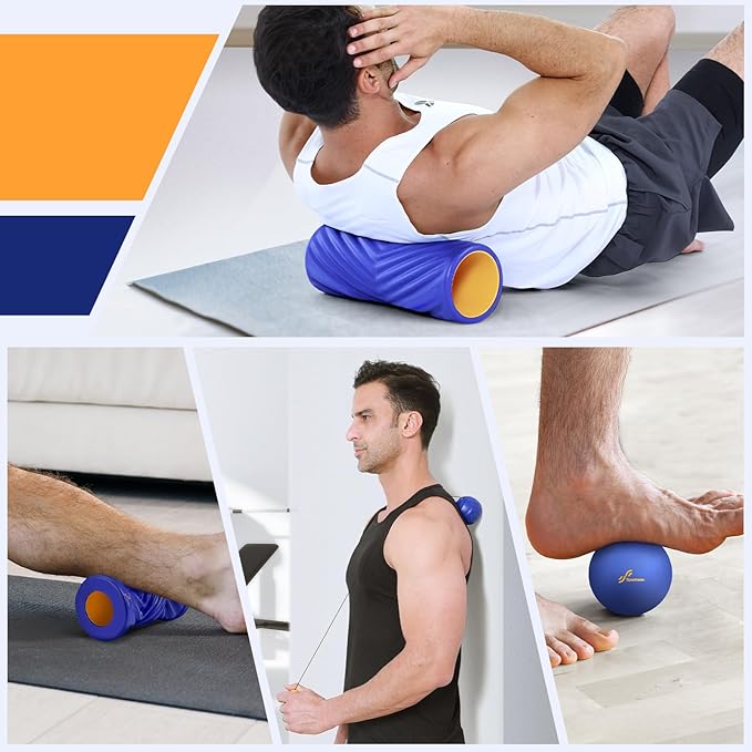 Sportneer 4 in 1 Foam Roller Set: Dual Textures Foam Roller, Foot Roller, Lacrosse Ball, Traction Massage Ball with String, Deep Massage Roller for Whole Body Release, Physical Therapy