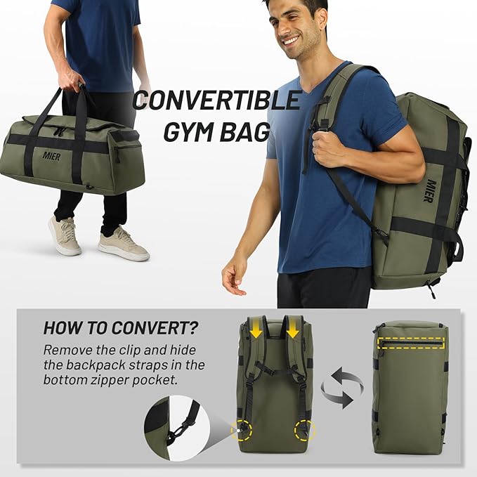 MIER Gym Bag for Men Large Duffel Backpack with Shoe Compartment, 60L Convertible Duffle Bags Weekender Overnight Bag for Gym Sports Travel, Green