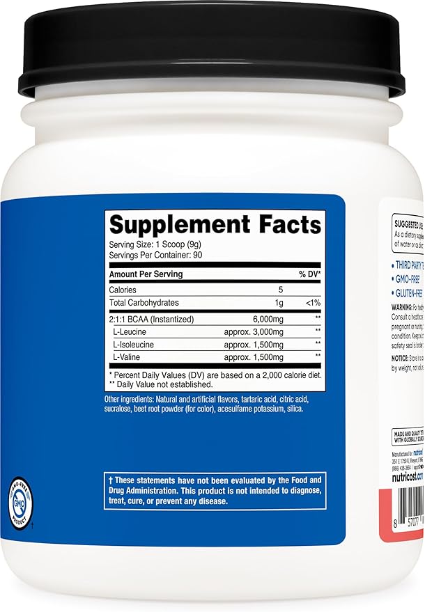 Nutricost BCAA Powder (Watermelon, 90 Serv) - Optimal 2:1:1 Ratio