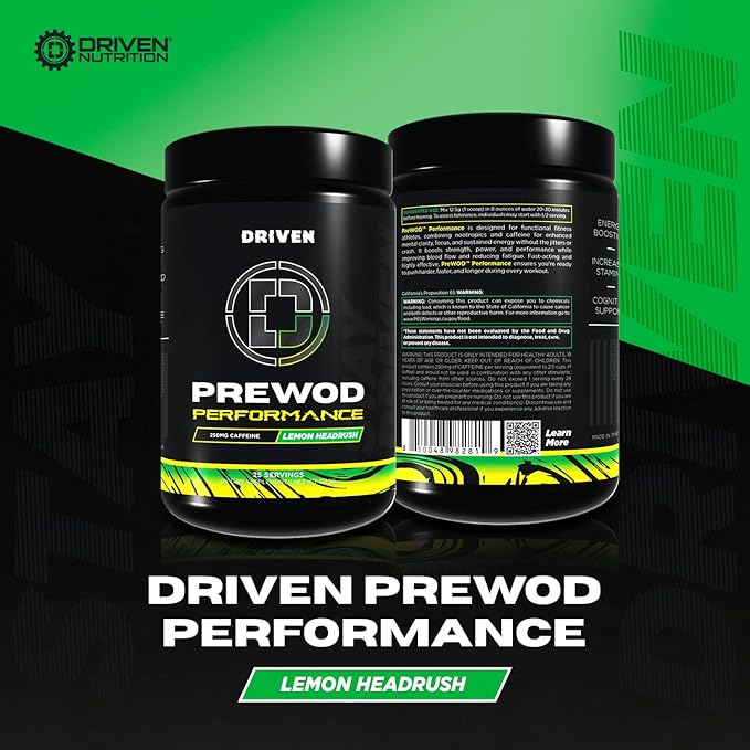 Driven PREWOD Energy Drink Powder, 25 Servings - Pre-Workout Supplement wit- Boosts Energy, Focus, Strength, & Endurance for High-Intensity Training (Performace, Lemon Headrush)