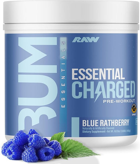 RAW Pre-Workout Powder, Essential CHARGED (Blue Rathberry) - Preworkout Supplement for Men & Women - Supports Focus, Mood, & Performance - Caffeine, Alpha-GPC, L-Citrulline, Beta Alanine (25 Servings)