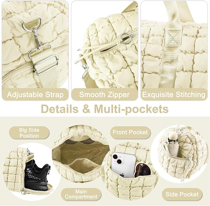 Quilted Travel Duffle Bag Gym Bag for Women,Large Puffer Duffle Weekender Bag with Compartment,Workout Overnight Carry on Organizer Bag Duffle Bag for Airplane Travel(Off-white)