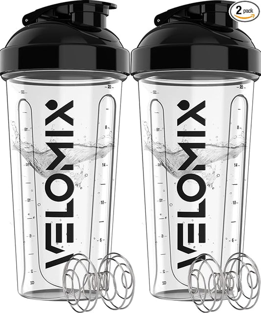 VELOMIX -2 Pack- 28 oz Protein Shaker Bottles for Protein Mixes - 2x Wire Whisk | Leak Proof Shaker Cups for Protein Shakes | Protein Shaker Bottle Pack | Shakers for Protein Shakes - 2xTransparent