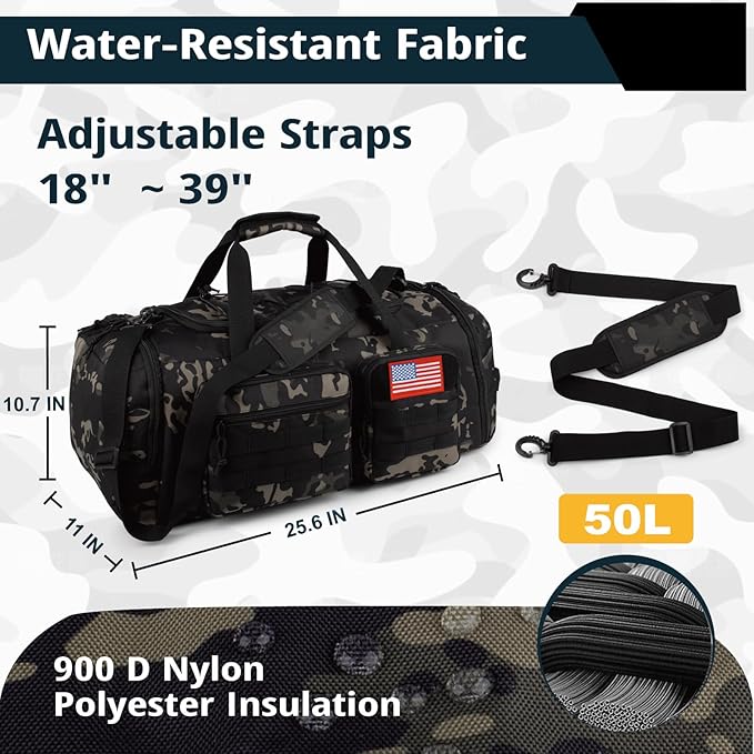 Tactical Gym Bag for Men，50L Large 3 in 1 Sports Duffle Bag with Shoes Compartment for Travel,Water Resistant Travel Backpack Weekender Overnight Bag with Wet Pocket for Women