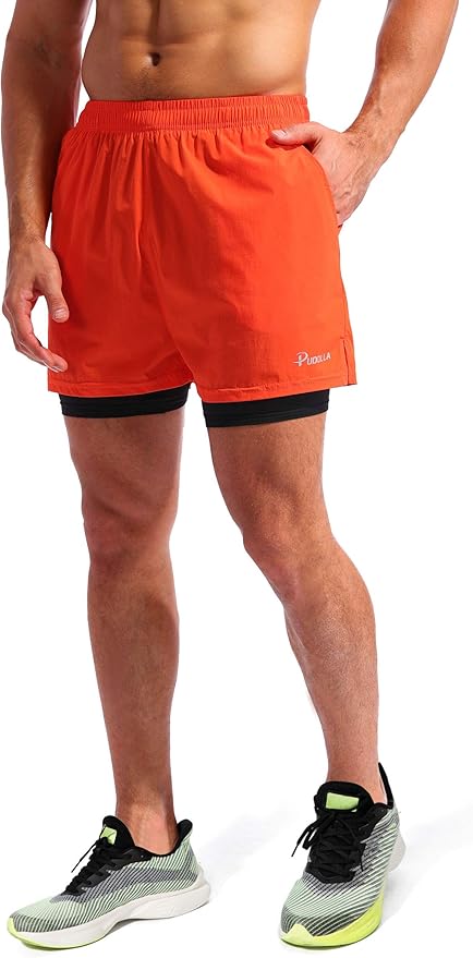 Pudolla Men’s 2 in 1 Running Shorts 5" Quick Dry Gym Athletic Workout Shorts for Men with Phone Pockets