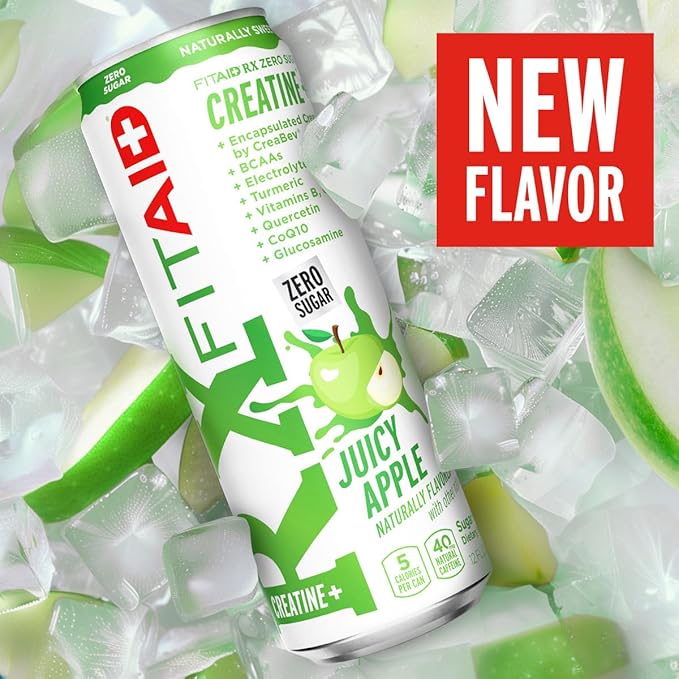 FITAID RX Zero Sugar, Encapsulated Creatine, Workout Recovery Drink, All-In-One Blend, BCAAs Glucosamine, Turmeric, B-Complex, Electrolytes, Juicy Apple, 12 Fl Oz (Pack of 24)