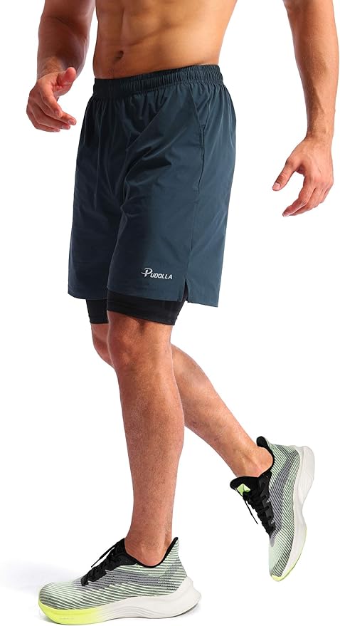 Pudolla Men’s 2 in 1 Running Shorts 5" Quick Dry Gym Athletic Workout Shorts for Men with Phone Pockets
