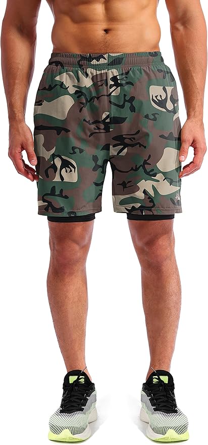 Pudolla Men’s 2 in 1 Running Shorts 5" Quick Dry Gym Athletic Workout Shorts for Men with Phone Pockets