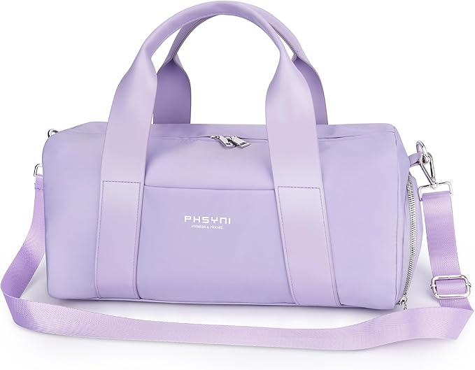 Small Sports Gym Bag for Women Girls Kids Duffle Bag for Fitness Workout, Travel, Dance, Ballet, Swim with Shoes Compartment & Waterproof Pocket, 16" Cute Purple