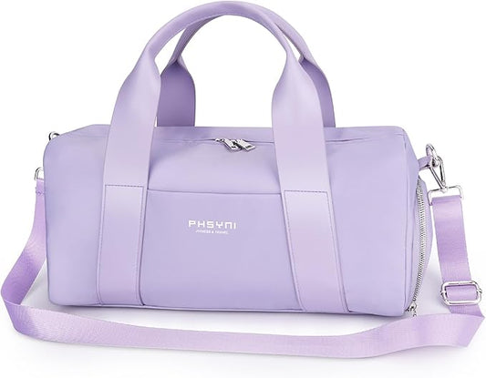 Small Sports Gym Bag for Women Girls Kids Duffle Bag for Fitness Workout, Travel, Dance, Ballet, Swim with Shoes Compartment & Waterproof Pocket, 16" Cute Purple