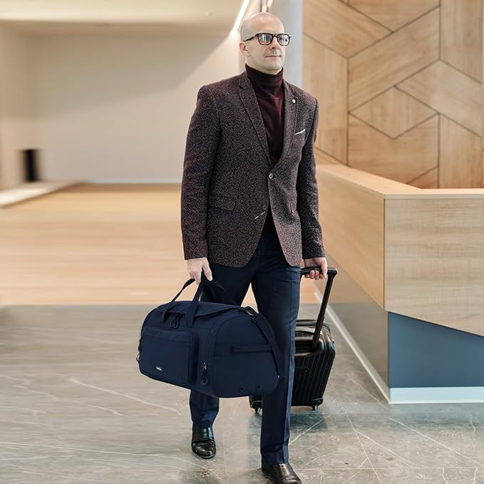 Large Travel Duffle Gym Bag with Shoe Compartment, Underseat Carry On Luggage Overnight Weekender Personal Item Workout Bags for Women Men (Navy Blue)