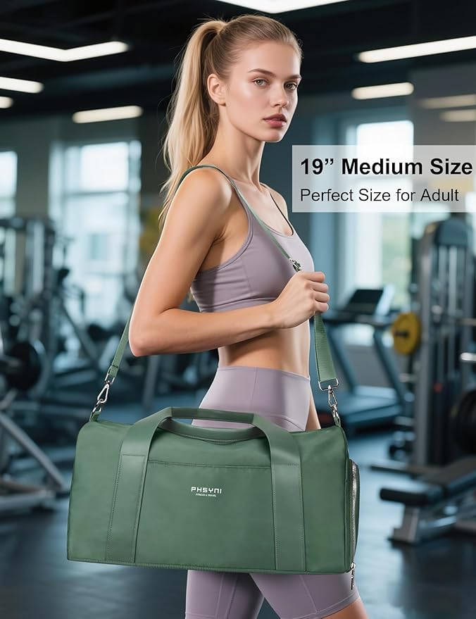 Gym Bag for Women Girls with Shoe Compartment & Wet Pocket - Duffle Bag for Travel Sports Fitness Workout Athletic, 19"-Medium, Olive Green