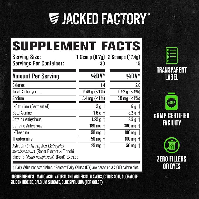 Jacked Factory NITROSURGE Pre Workout Supplement - Energy Booster, Instant Strength Gains, Clear Focus & Intense Pumps - NO Booster & Powerful Preworkout Energy Powder - 30 Servings, Blue Raspberry