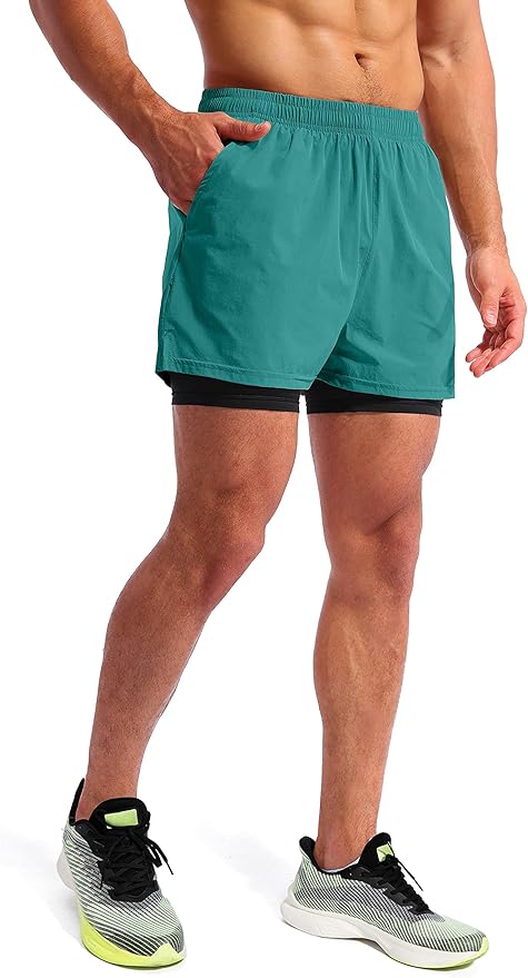 Pudolla Men’s 2 in 1 Running Shorts 5" Quick Dry Gym Athletic Workout Shorts for Men with Phone Pockets
