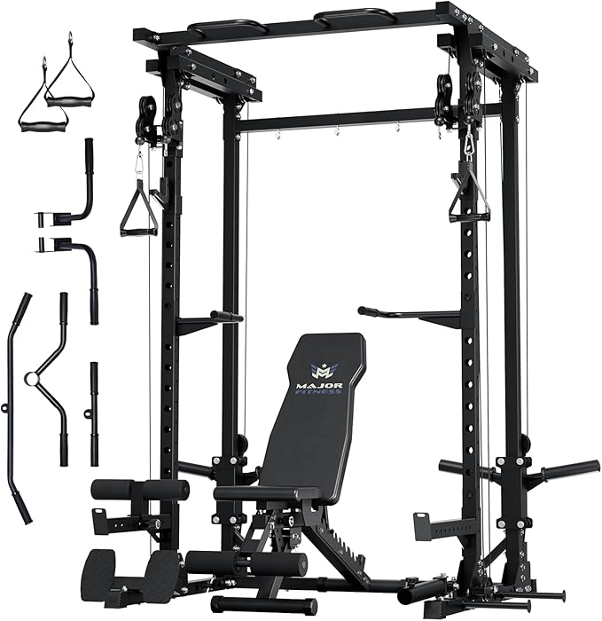 MAJOR FITNESS Drone3 Power Rack, Multi-Function Home Gym Squat Rack with Pull-Up Bar, Cable Crossover & J-Hooks, Heavy-Duty Steel Frame for Maximum Stability & Strength Training