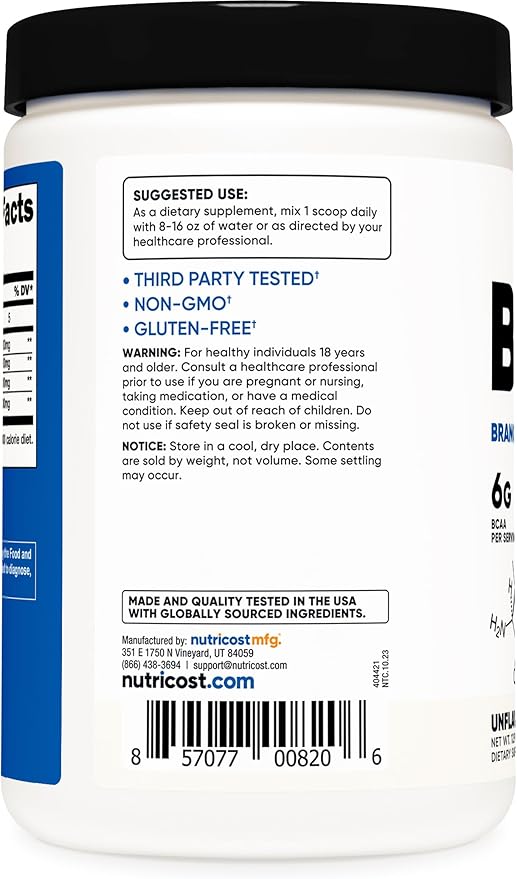 Nutricost BCAA Powder 2:1:1 (Unflavored, 60 Servings) - Vegetarian, Non-GMO, Gluten Free, Branched Chain Amino Acids