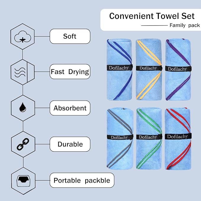 Dofilachy 6 Pack Camping Towel - Quick Dry Towel - Microfiber Travel Sports Towels - Super Absorbent Swim Towel (6, Blue)