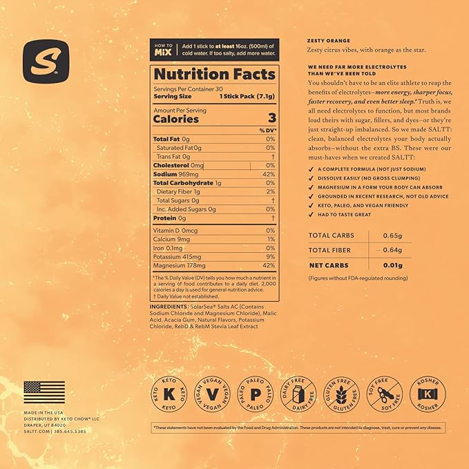 SALTT Electrolytes Powder Flavored Drink Mix - Zesty Orange - 30 Hydration Packets - Magnesium, Potassium, Sodium, Trace Minerals - Zero Sugar & Gluten Free - Travel Essentials
