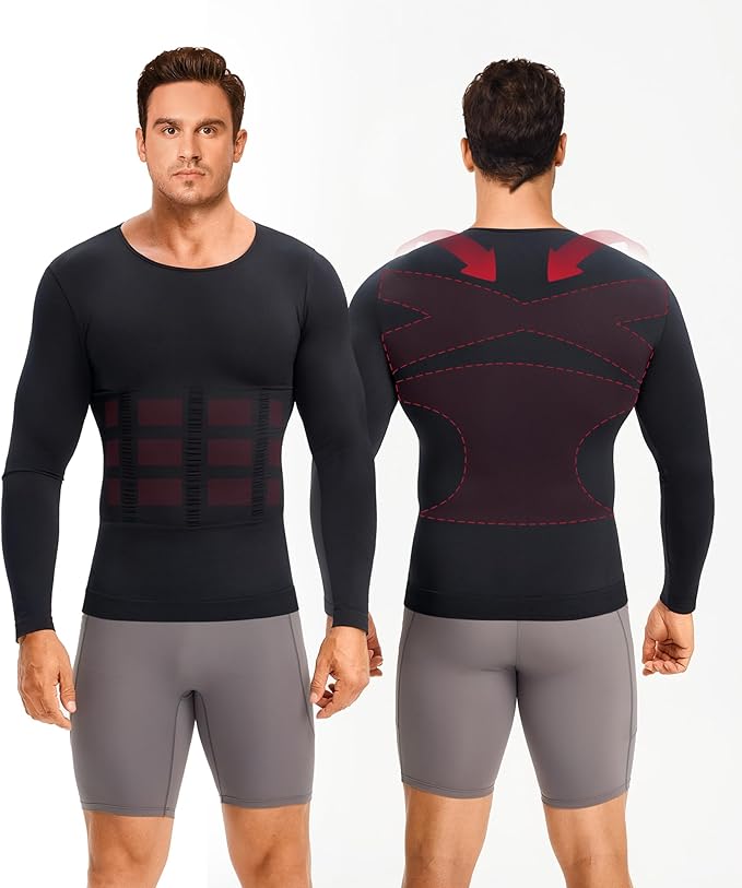 Nebility Shapewear Men Long Sleeve Compression Shirt - Slimming Body Shaper Tummy Control Workout Tank Top Undershirt
