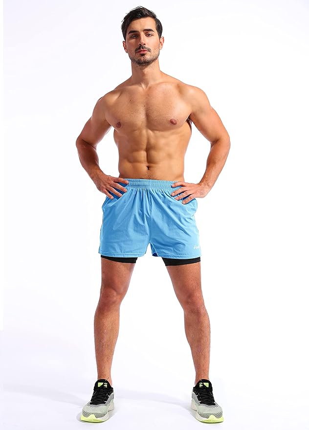 Pudolla Men’s 2 in 1 Running Shorts 5" Quick Dry Gym Athletic Workout Shorts for Men with Phone Pockets