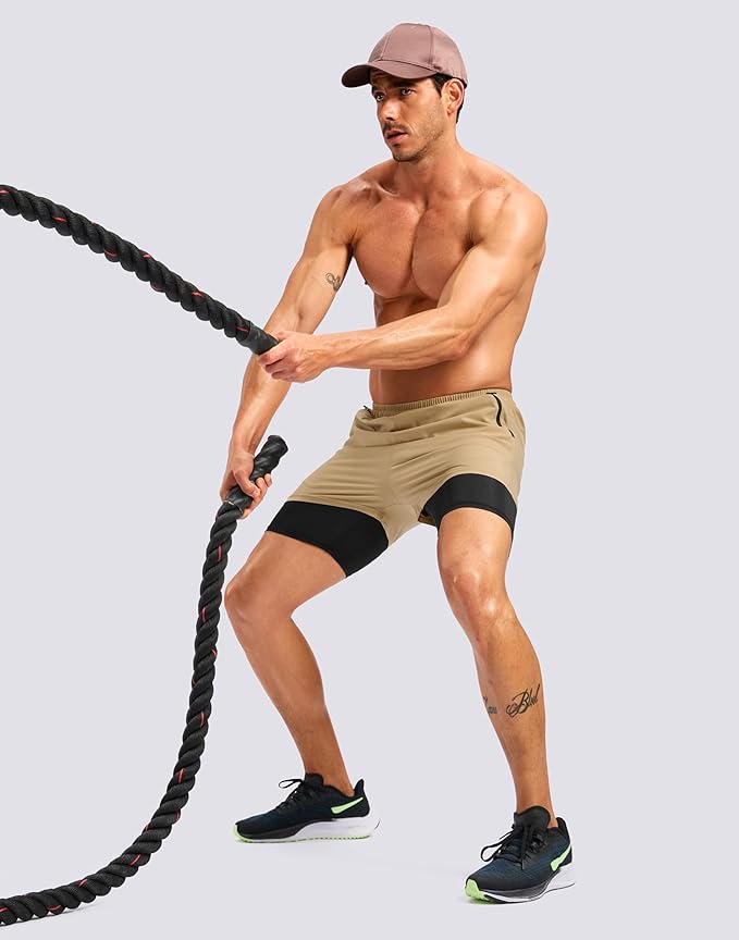 Pudolla Men's 7" Running Shorts with Zipper Pockets Quick Dry 2 in 1 Workout Gym Shorts with Liner for Tennis Yoga Training