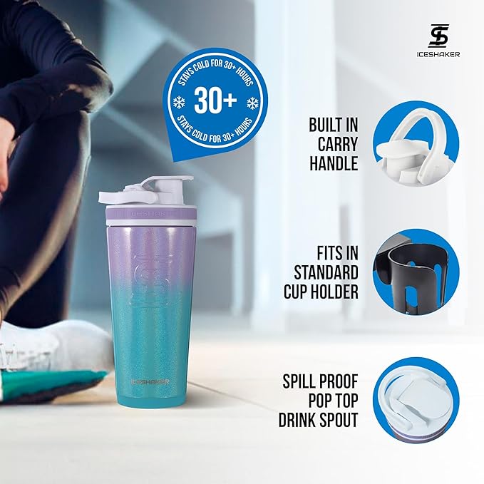 Ice Shaker Insulated Stainless Steel Shaker Bottle | 26oz, Mermaid | Cold for 30+ Hours | Insulated Cup with Twist-on Agitator | Odor-Free Bottle for Protein Shakes, Water, Smoothies, Cocktails