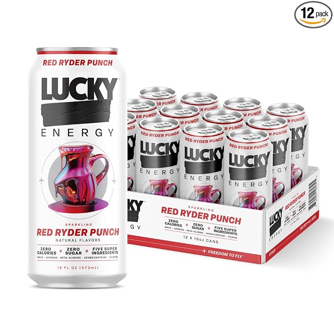 Lucky Energy Sugar Free Energy Drinks 16 Fl Oz Cans (12-Pack) Healthy Energy Drink. Red Ryder Punch with Maca, Ginseng, Taurine, Beta-Alanine, 200mg Caffeine (Packaging may vary).