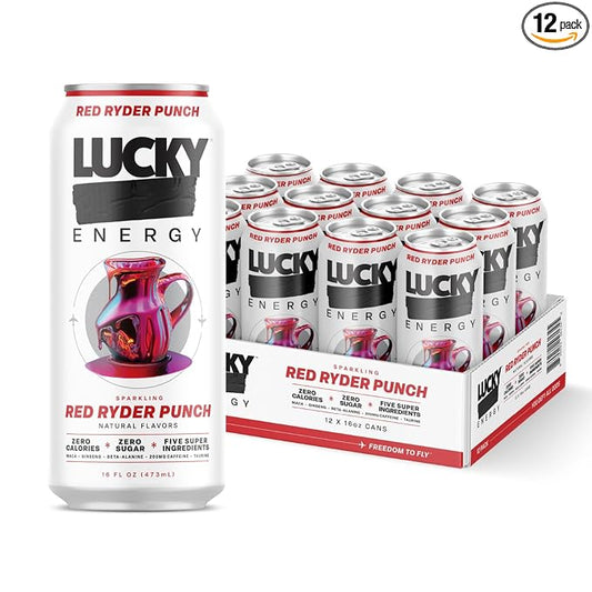 Lucky Energy Sugar Free Energy Drinks 16 Fl Oz Cans (12-Pack) Healthy Energy Drink. Red Ryder Punch with Maca, Ginseng, Taurine, Beta-Alanine, 200mg Caffeine (Packaging may vary).