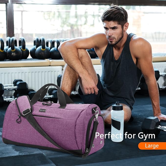 TOPDesign Gym Bag for Women & Men, Unisex Duffel Bag with Shoe Compartment & Wet Pocket for Travel Sports Gym (M Textured Purple)
